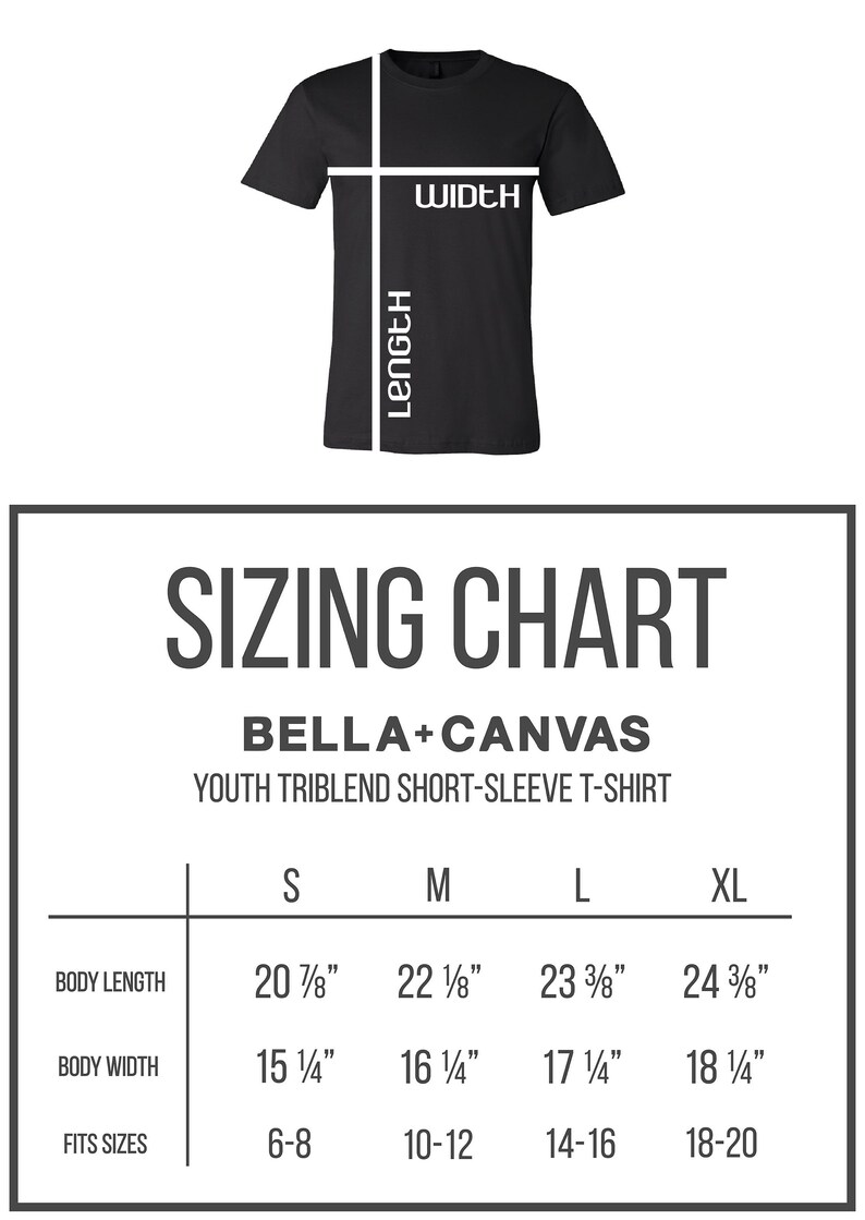 May include: Sizing chart for Bella + Canvas youth triblend short-sleeve t-shirts. The chart shows sizes S, M, L, XL with corresponding body length and width measurements in inches, and suggested age ranges.