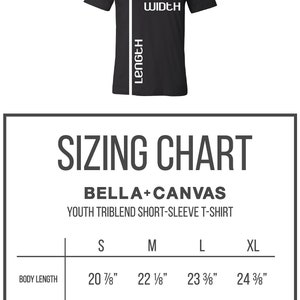 Peut inclure: Tableau des tailles pour les t-shirts &agrave; manches courtes en triblend pour jeunes de Bella + Canvas. Le tableau indique les tailles S, M, L, XL avec les mesures de longueur et de largeur du corps correspondantes en pouces, ainsi que les tranches d'&acirc;ge sugg&eacute;r&eacute;es.