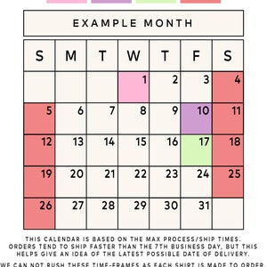 Puede incluir: Un calendario que muestra los tiempos m&aacute;ximos de procesamiento y env&iacute;o de los pedidos. El calendario est&aacute; etiquetado como "Mes de ejemplo" y muestra los d&iacute;as de la semana, con cada d&iacute;a numerado. El calendario est&aacute; codificado por colores para mostrar la fecha m&aacute;xima de pedido, la fecha m&aacute;xima de env&iacute;o del pedido, la fecha m&aacute;xima de entrega y el d&iacute;a no laborable.