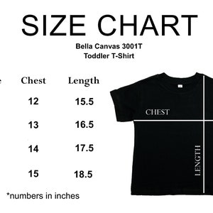 May include: Size chart for Bella Canvas 3001T Toddler T-Shirt. The chart shows chest and length measurements in inches for sizes 2T, 3T, 4T, and 5T.