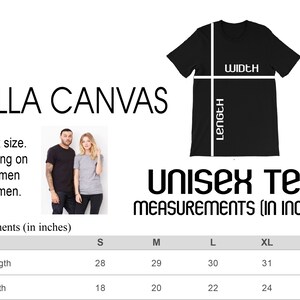 Puede incluir: Tabla de tallas de camiseta unisex con medidas en pulgadas. La tabla muestra la longitud del cuerpo y el ancho del cuerpo para las tallas S, M, L, XL y 2XL.