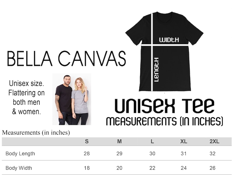 Puede incluir: Tabla de tallas de camiseta unisex con medidas en pulgadas. La tabla muestra la longitud del cuerpo y el ancho del cuerpo para las tallas S, M, L, XL y 2XL.