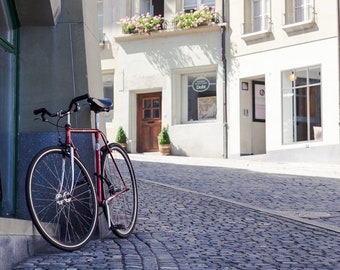 Bern Switzerland Photography Print: Red Bike, Cobblestone Street Art