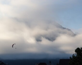 Swiss Alps Photography Print: Morning Clouds, Hang Glider Landscape