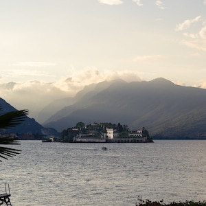 Italy lake photography of island in Lago Maggiore with golden afternoon sunlight for living room, bedroom, kids room, or gift for traveler