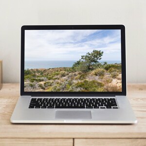Pode incluir: Um laptop prateado exibindo uma paisagem costeira com uma árvore, mar e céu azul. O laptop está em uma mesa de madeira clara, com organizadores de mesa dourados e uma decoração geométrica.