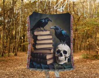 Black Raven on Books & Skull Woven Blanket | Gothic Home Decor | Cozy Throw Blanket for Fall | Perfect Gift for Book Lovers  Dark Aesthetic