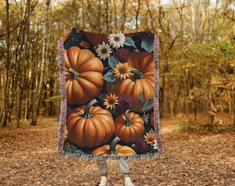 Pumpkin Sunflower Woven Blanket - 100% Cotton Throw - Autumn Sunflowers & Pumpkin Cozy Home Decor Gift Blanket - Autumn Throw | Fall Blanket