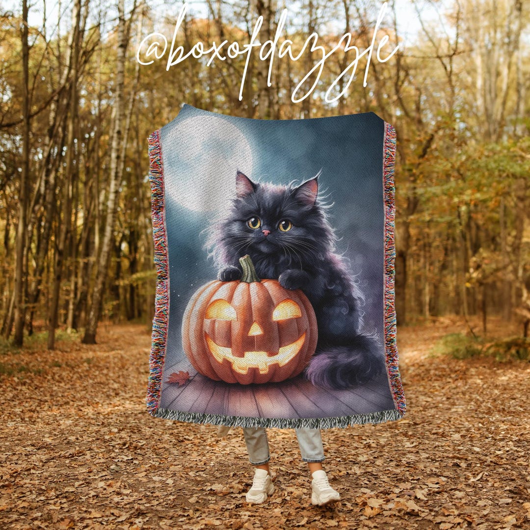 Black Cat & Jack O Lantern Woven Blanket | Halloween Throw Blanket ...