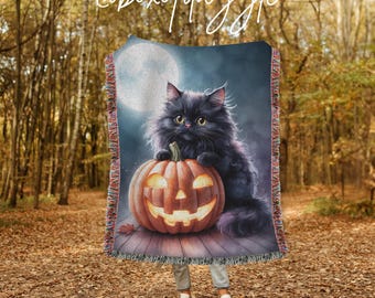Black Cat & Jack O Lantern Woven Blanket | Halloween Throw Blanket | Cozy Fall Decor | Spooky Cat Blanket | Perfect Gift for Cat Lovers