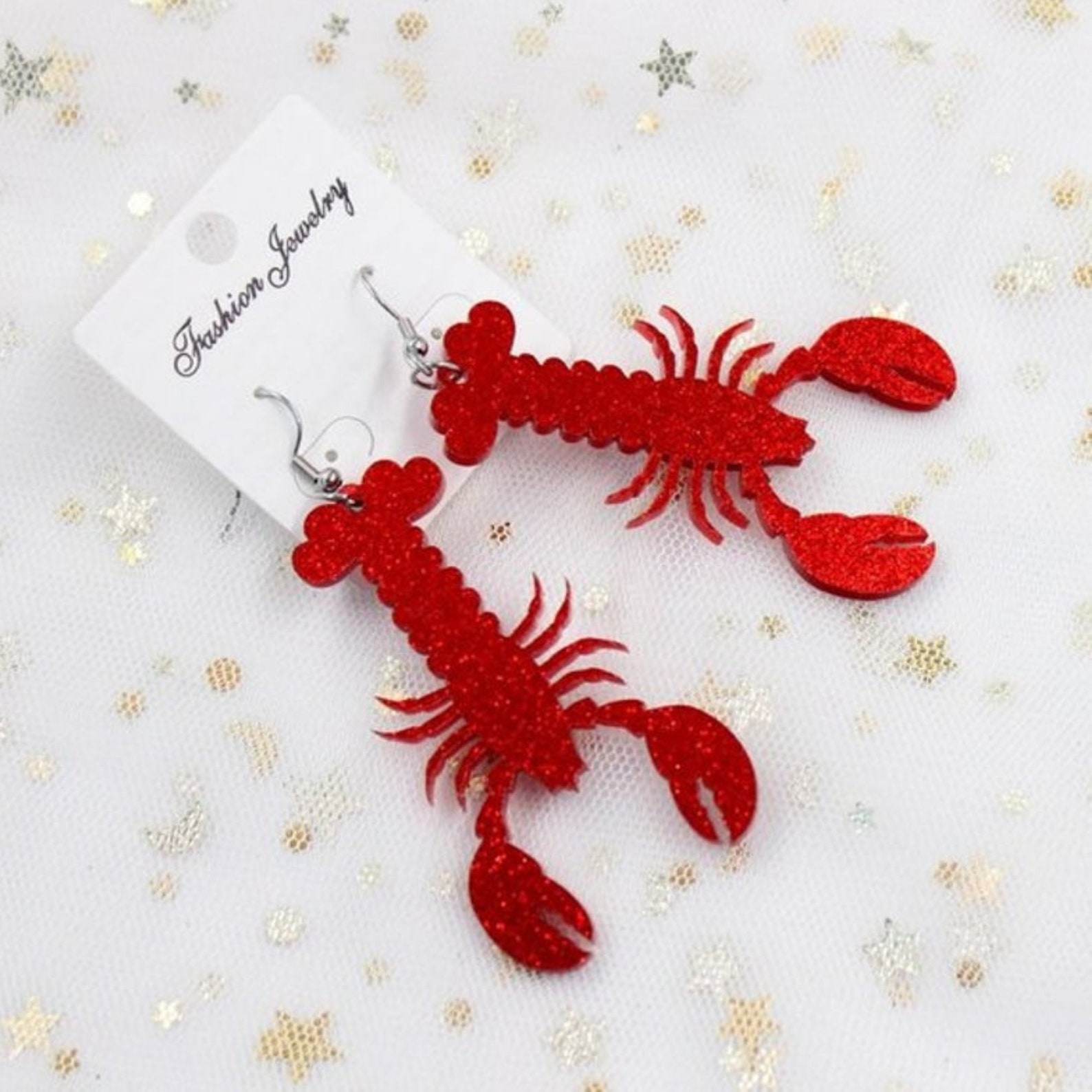Crawfish Dangle Earrings Lobster Earrings Red Glitter Etsy