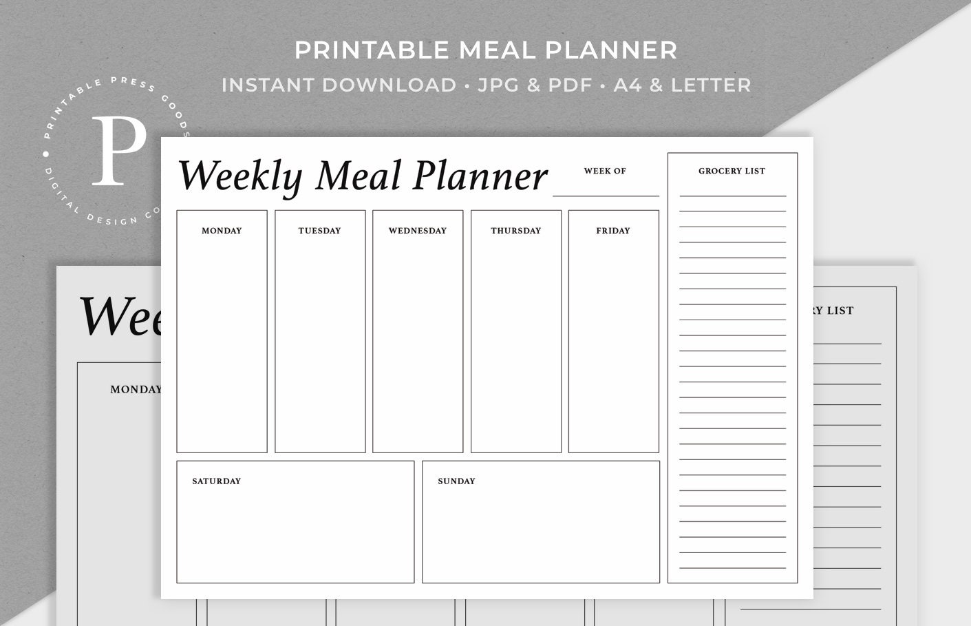 printable weekly meal planner instant download pdf jpg etsy