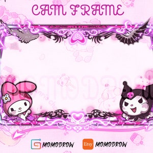 Puede incluir: Marco de cámara de personajes de dibujos animados rosa y negro con un diseño de corazón rosa y negro. El marco tiene un fondo blanco y el texto "CAM FRAME" en la parte superior.