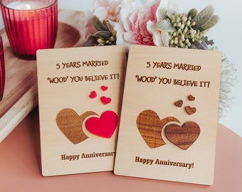 Carte d’anniversaire de 5 ans, cadeau du 5e anniversaire pour lui, carte en bois du 5e anniversaire, carte d’anniversaire en bois, anniversaire de mariage personnalisé