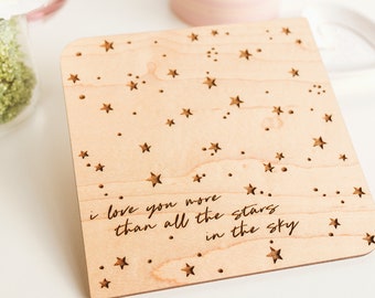 Je t'aime plus que toutes les étoiles du ciel, carte de Saint-Valentin, carte de Saint-Valentin, carte en bois personnalisée, étoiles, cadeau de la Saint-Valentin,