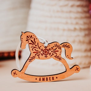 Wooden Rocking Horse Christmas Tree Ornament Personalized, Wooden Ornaments Kids, Xmas Ornaments with Name, Rocking Horse Ornament Engraved