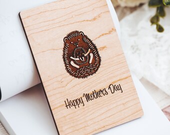 Happy Mothers Day, Cute Mother's Day Card with Mom and Baby Hedgehog, First Mothers Day Card, Personalized Wooden Greeting Card,