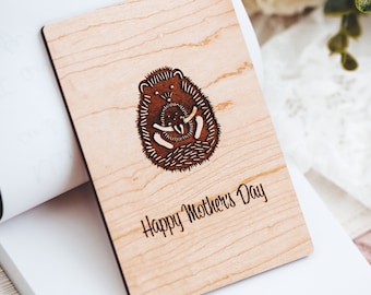 Happy Mothers Day, Cute Mother's Day Card with Mom and Baby Hedgehog, First Mothers Day Card, Personalized Wooden Greeting Card,