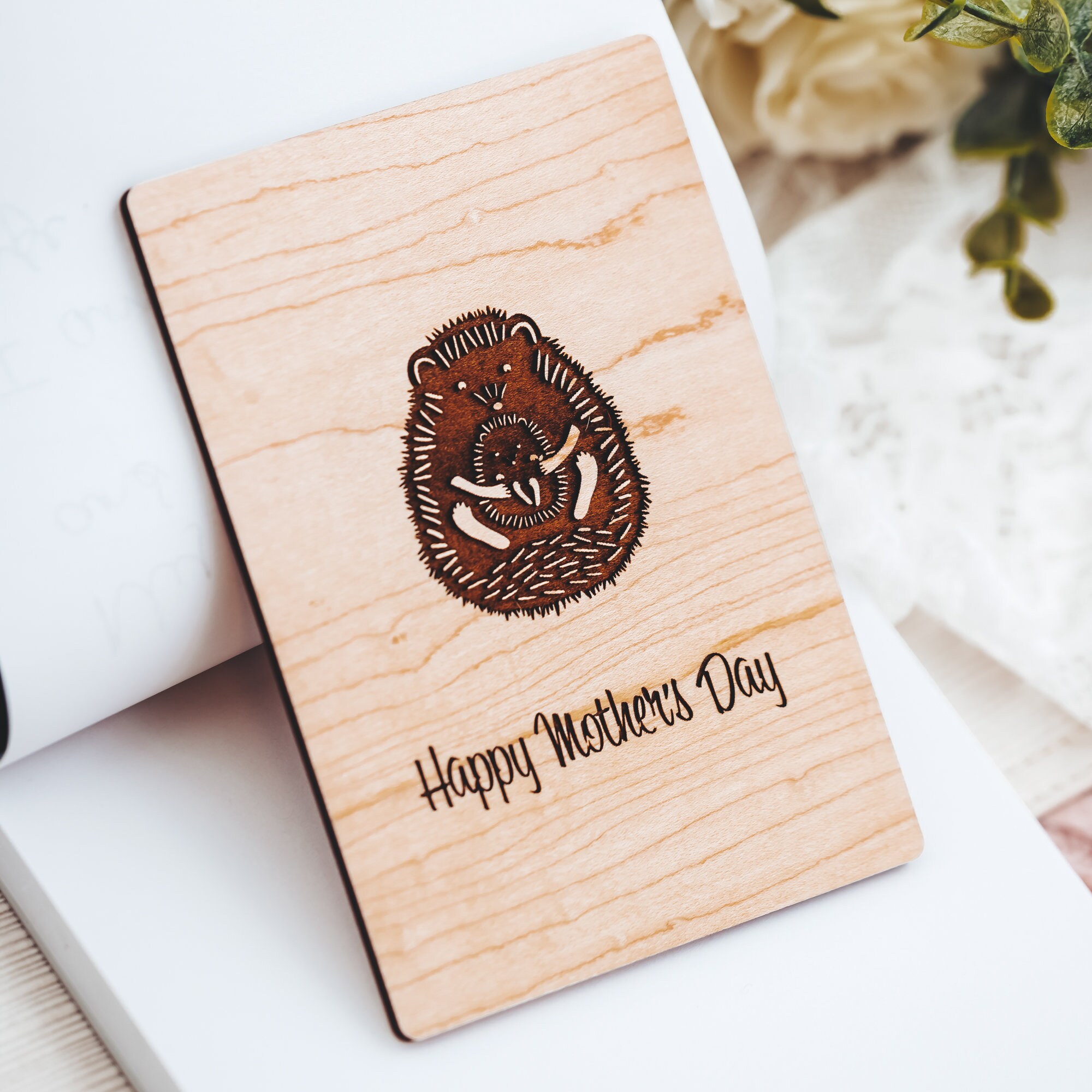 Happy Mothers Day, Cute Mother's Day Card with Mom and Baby Hedgehog, First Mothers Day Card, Personalized Wooden Greeting Card,