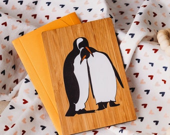 Penguin, Bride and Groom Card, Unique Wedding Gift for Couple, Wood Greeting Card,
