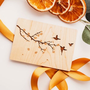 Tarjeta de aniversario de madera, tarjeta del 1er aniversario, tarjeta de aniversario para parejas, tarjeta de aniversario para padres, colibríes, regalo de Sakura,