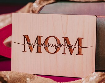 Mom My Superhero, Mothers Day Gift from Daughter, Personalized Wood Card for Mom, Mothers Day Card, Mom Gift from Kids, Superhero Mom