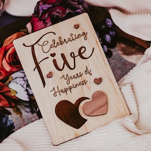 Happy 5th Anniversary Wooden Card for Husband, Personalized Anniversary Heart Card with Message, 5 Year Wedding Anniversary Card, Wood Gifts