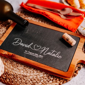 Personalized Slate Cutting Board, Acadia Wood Chopping Board with Handle, Slate Cheese Charcuterie Board, Wedding Gift for Couple Board