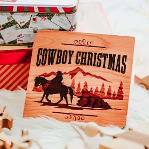 Cowboy kerstkaart, westerse kerstkaart, Cowboy Santa, Howdy kerstkaart, houten gegraveerde kaart, Western Card, Wild West Card
