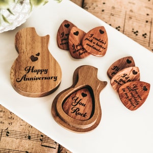 wood guitar pick engraved with box, personalized, anniversary