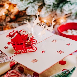 Kerstman en slee pop-up kerstkaarten voor kinderen, leuke pop-up kerstkaarten voor familie, leuke kerstkaarten met kerstman, unieke kerstkaarten 2023