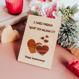 5 Jahre Jubiläumskarte, 5 Jahre Jubiläumsgeschenk für Ihn, 5 Jahre Jubiläumsgeschenk für sie, Holz Jubiläumskarte, 5 Jahre Zusammen Karte, Dankeschön