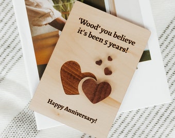 5 Year Anniversary Card, 5 Year Anniversary Gift, Fifth Anniversary Gift Wood, Five Year Anniversary For Her, First Wedding Anniversary Card