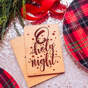 Chrześcijańska kartka świąteczna grawerowana laserowo z drewna, religijne kartki świąteczne 2023, kartki świąteczne O Holy Night, kartka świąteczna Christ Xmas do kościoła