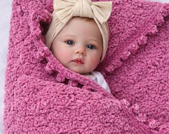Handmade Baby Blanket Pink Chenille Throw Soft Texture Crochet Design Nursery Decor Girl Shower Gift Newborn Photography Prop Infant Cozy