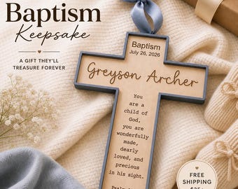 Croce da battesimo personalizzata in legno, regalo per battesimo, dedicazione del bambino, ricordo religioso con nome inciso, design personalizzato, decorazione da parete con versetto biblico