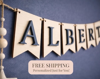 Wooden Name Banner Nursery Decor Wall Hanging Name Display Custom Letters Wooden Pennant Flag Decoration Baby Room Wall Accent Rustic Design