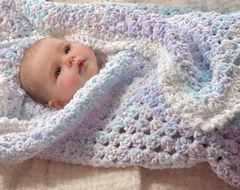 Crochet Baby Blanket Baby Shower Gift Idea Handmade Keepsake Heirloom Quality Ultra soft Chenille Crib Throw Pastel Nursery Blue Lavender