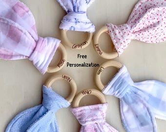 Wooden Teething Toy Bunny Ear Teether Ring Baby Custom Name Gift Newborn Chew Sensory Natural Wood Freezable Gum Soother Washable Infant