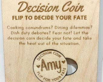 Wooden Decision Coin Flip Tool for Couples Gift Idea Decision Maker Custom Design Birch Wood Desk Accessory Funny Gift Choice Helper
