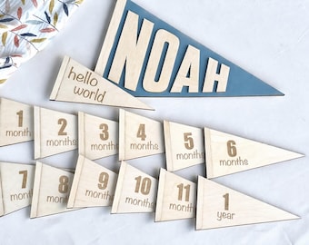 Wooden Milestone Pennant Baby Shower Gift Idea Nursery Decoration Monthly Marker Growth Tracker Newborn Photography Prop Set Custom Name