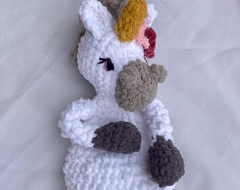 Crochet Unicorn Lovey Security Blanket Baby Shower Gift Idea Birthday Present Basket Stuffer Nursery Decor Comfort Toy Toddler Bedtime Plush