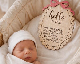 Baby Birth Announcement Plaque Wooden Newborn Keepsake Hospital Sign Nursery Wall Art Girl Gift Shower Personalized Photo Prop Stats Board