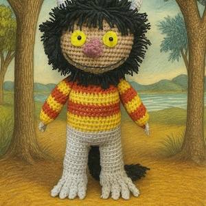 May include: A crocheted doll of a creature from the children's book "Where the Wild Things Are." The doll has a black mane, yellow eyes, and a pink nose. It wears a striped shirt in yellow, red, and orange, with gray pants and a black tail. The background shows a landscape with trees and water.