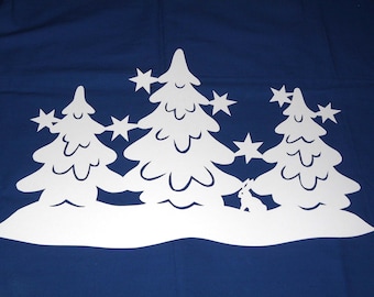 Fensterbild Tonkarton Winterwald 49 x 31 cm Schnee Sterne Tannenbaum Hase weiß Advent Deko NEU