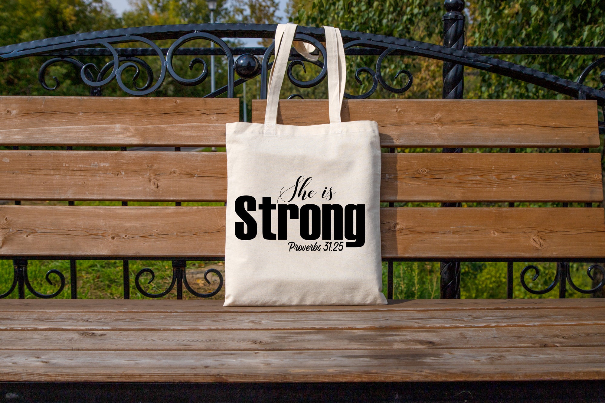 She Is Strong - Proverbs 31:25 Christian Woman Tote Bag for Sale by  4wordsmovement