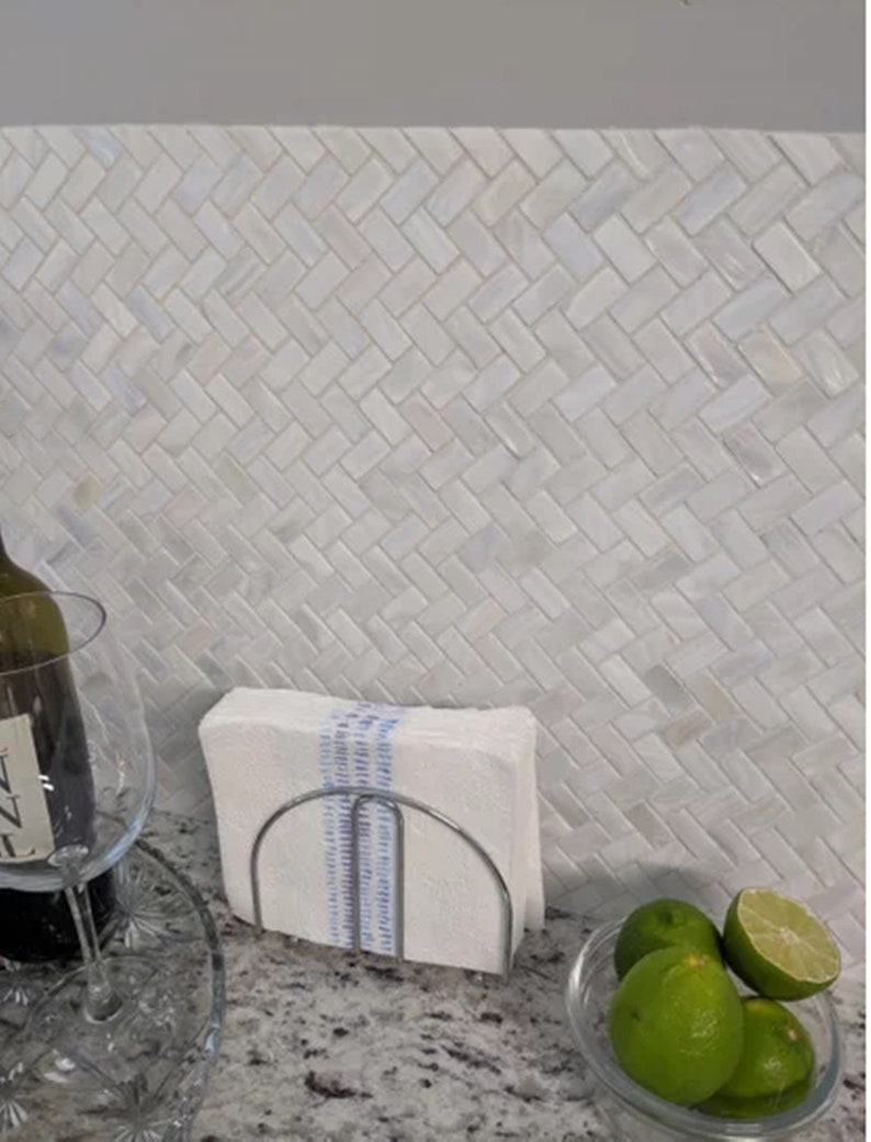 Handmade White Mother of Pearl Herringbone Mosaic Tile For Bathroom Kitchen Spa Wall Shower Backsplash Tile zdjęcie 2