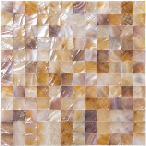 May include: A square mosaic tile sheet composed of small, individual square pieces of iridescent mother of pearl. The tiles feature a natural colour palette of warm golden, beige, and soft brown tones with a reflective, pearlescent finish.