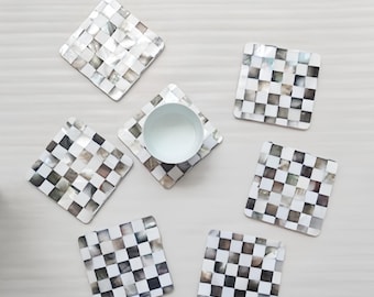 Exquisite Handmade Bespoke Mother of Pearl Coaster with Black and White Mosaic for Table Decor