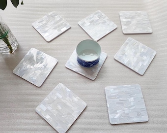 Exquisite Handmade Bespoke Mother of Pearl Coaster with White Rectangular Mosaic for Table Decor